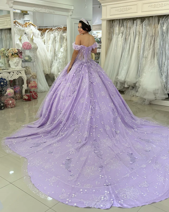 Off Shoulder Lilac Lace Beaded Corset Quinceanera Dresses for Sweet 16 Birthday