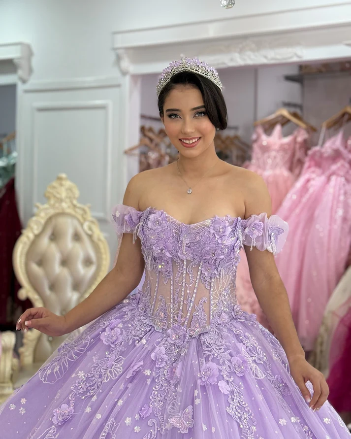 Off Shoulder Lilac Lace Beaded Corset Quinceanera Dresses for Sweet 16 Birthday