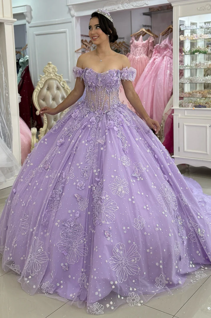 Off Shoulder Lilac Lace Beaded Corset Quinceanera Dresses for Sweet 16 Birthday