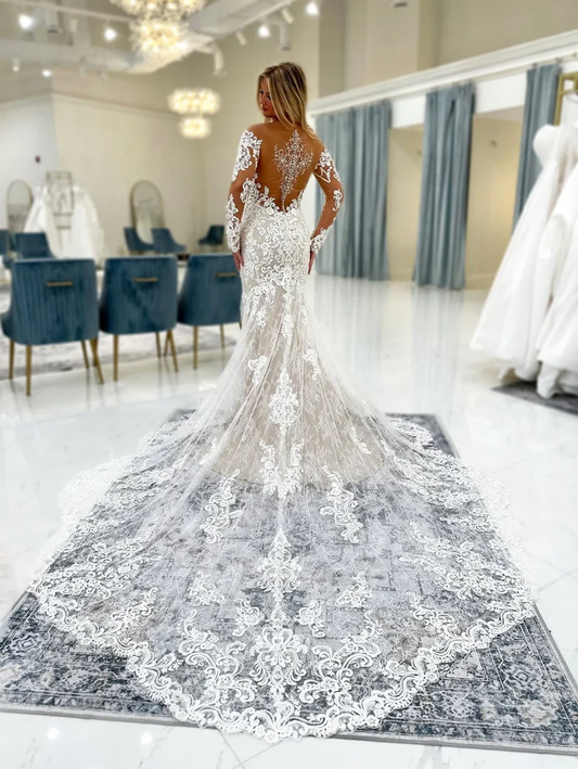 Off Shoulder Long Sleeves Tulle Lace Appliqued Mermaid Wedding Dresses for Bride