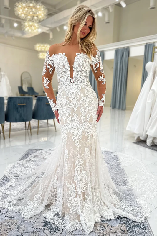 Off Shoulder Long Sleeves Tulle Lace Appliqued Mermaid Wedding Dresses for Bride