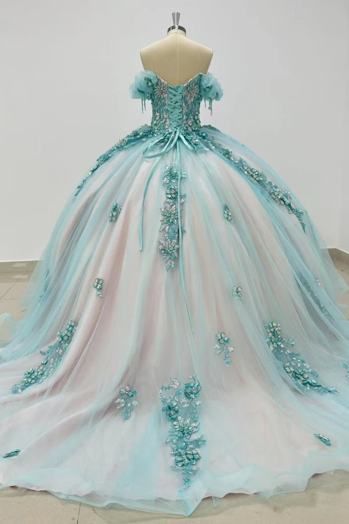 Off Shoulder Sleeveles Sequins Appliques Blue Sweet 15 Quinceañera Dress