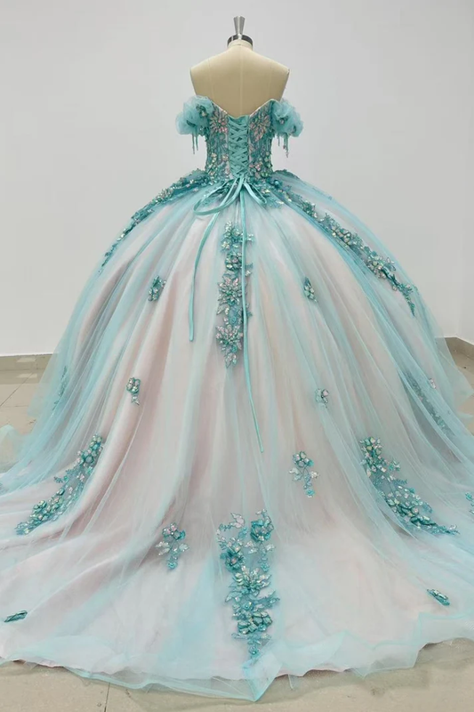 Off Shoulder Sleeveles Sequins Appliques Blue Sweet 15 Quinceañera Dress