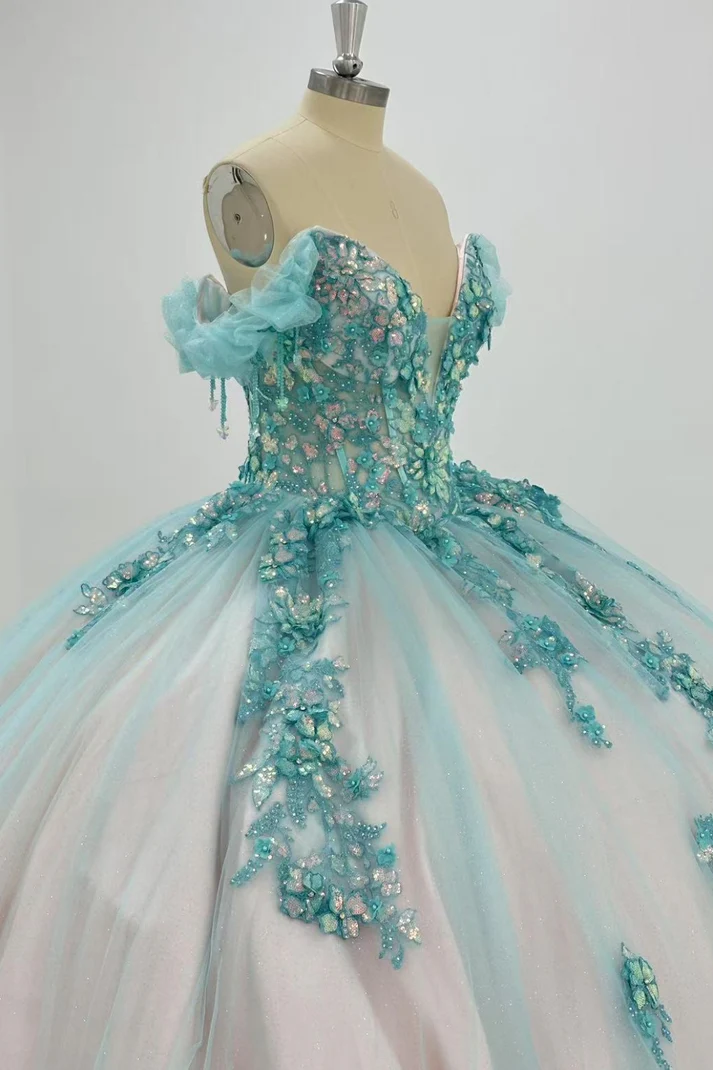 Off Shoulder Sleeveles Sequins Appliques Blue Sweet 15 Quinceañera Dress