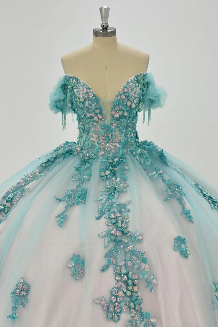 Off Shoulder Sleeveles Sequins Appliques Blue Sweet 15 Quinceañera Dress