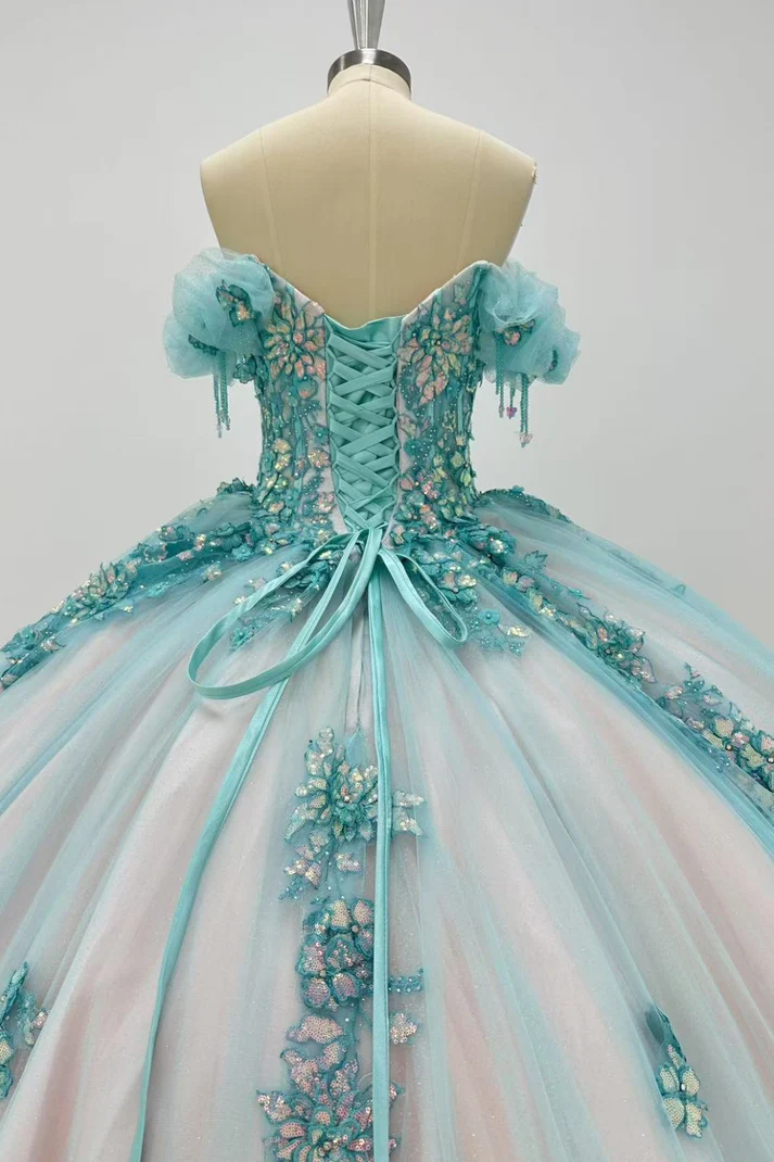 Off Shoulder Sleeveles Sequins Appliques Blue Sweet 15 Quinceañera Dress