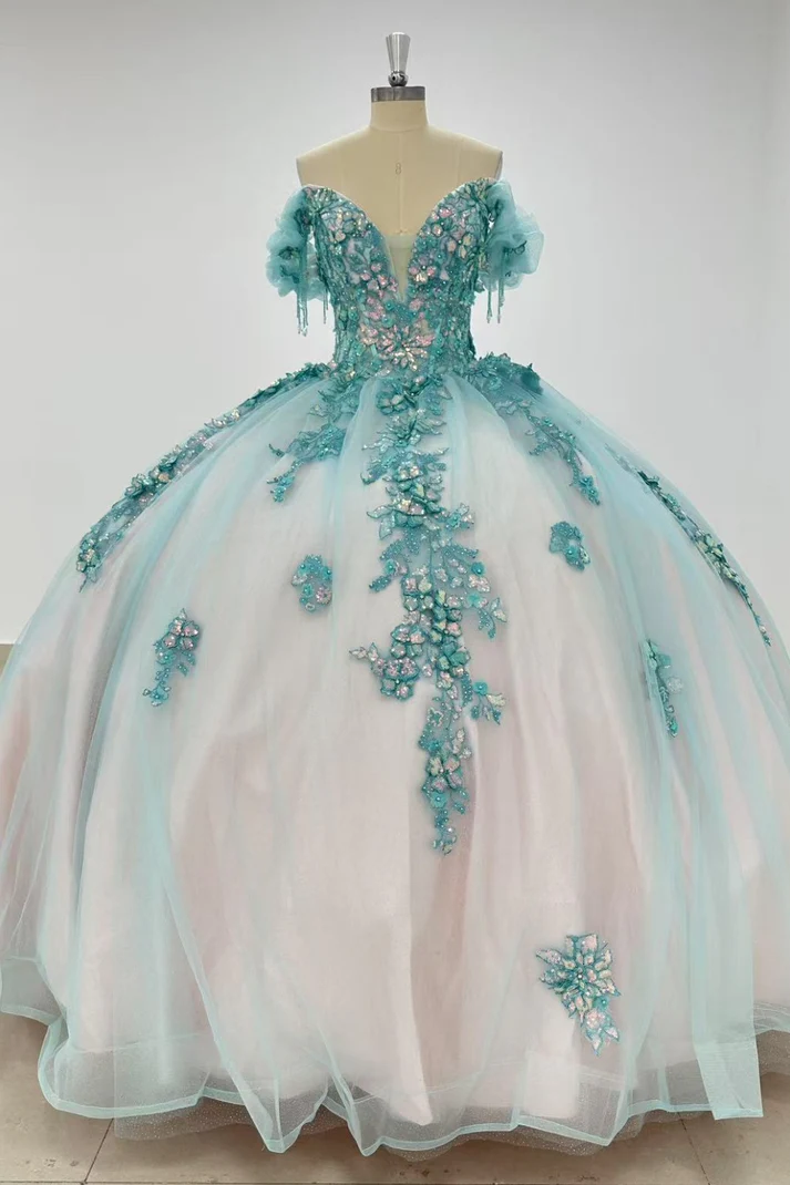 Off Shoulder Sleeveles Sequins Appliques Blue Sweet 15 Quinceañera Dress