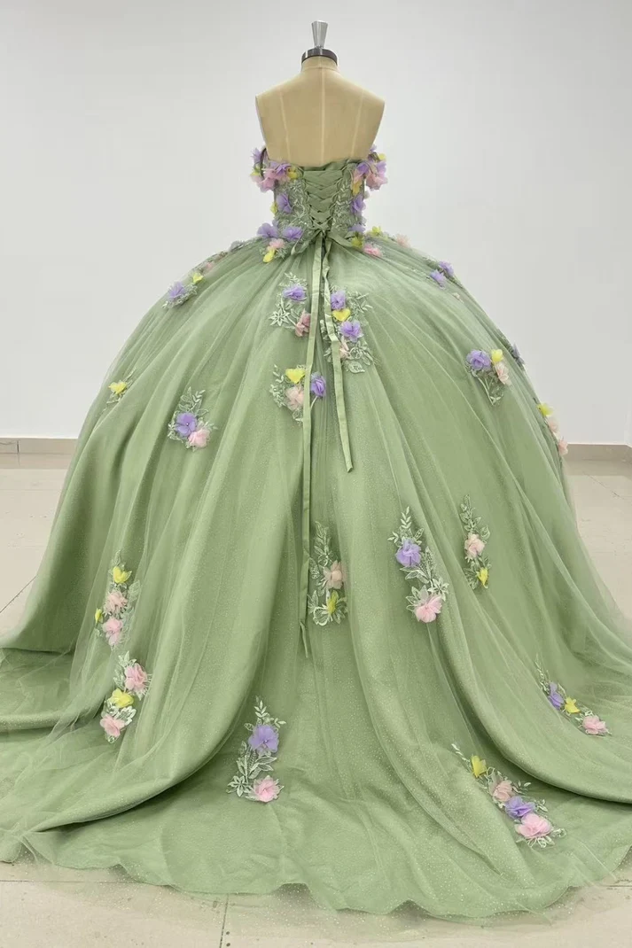 Off Shoulder Sleeveless 3D Flower Appliques Sage Green Sweet 15 Quinceañera Dress