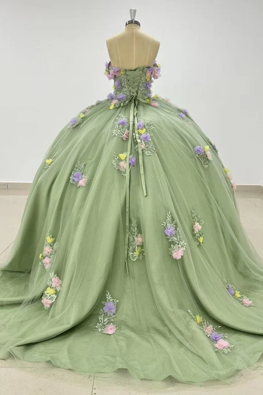 Off Shoulder Sleeveless 3D Flower Appliques Sage Green Sweet 15 Quinceañera Dress