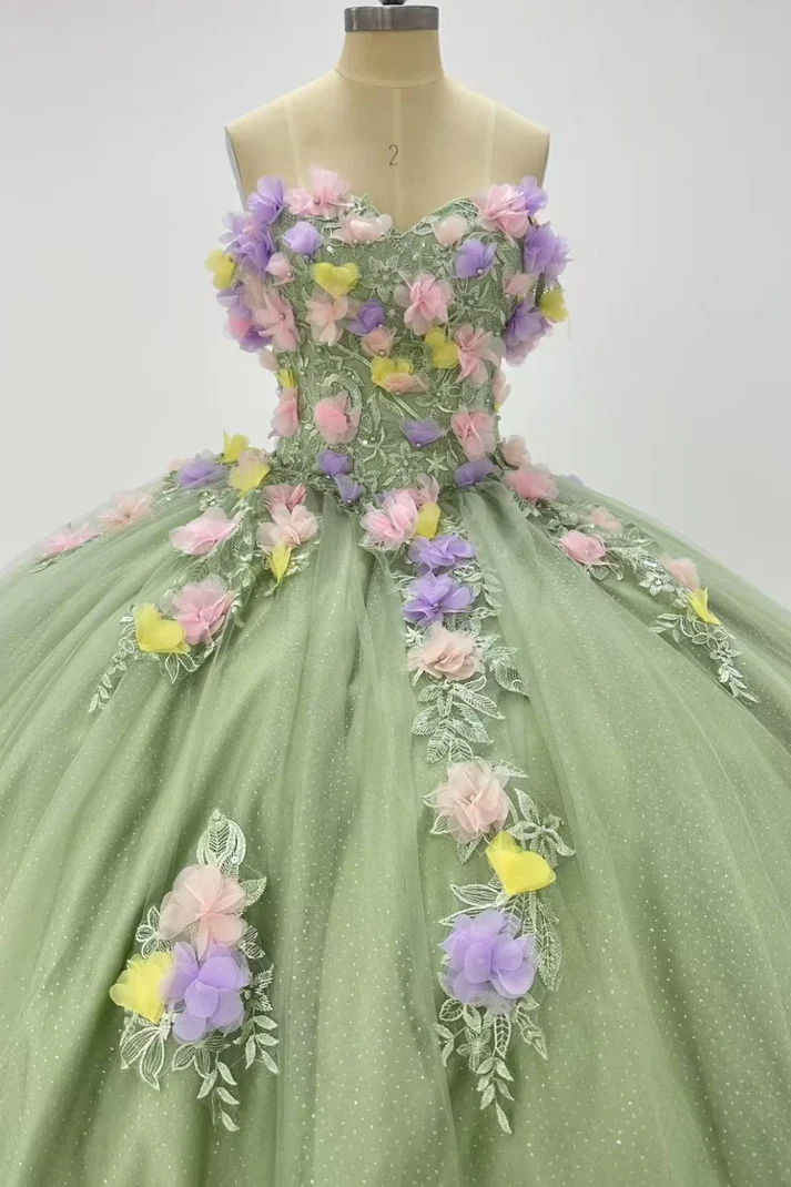 Off Shoulder Sleeveless 3D Flower Appliques Sage Green Sweet 15 Quinceañera Dress