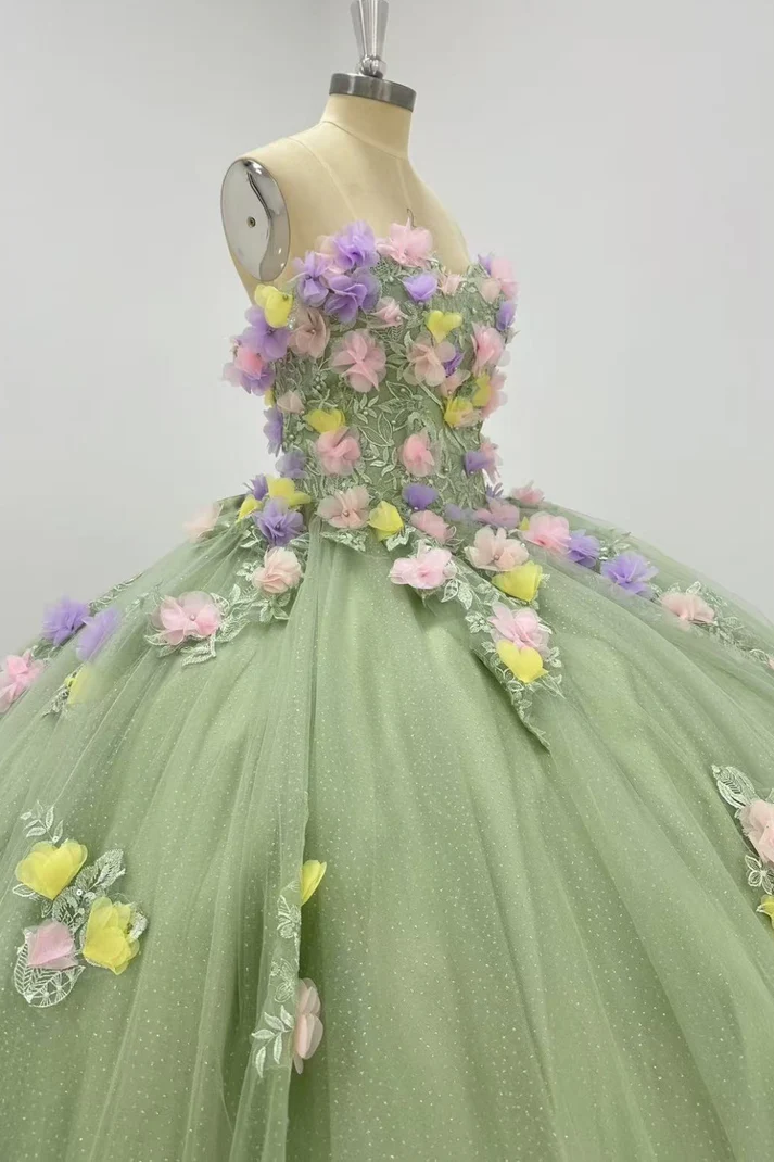 Off Shoulder Sleeveless 3D Flower Appliques Sage Green Sweet 15 Quinceañera Dress