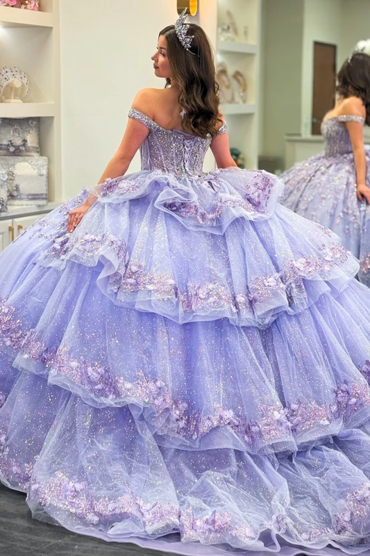 Off Shoulder Sleeveless Beaded Appliques 3D Flower Lilac Quinceanera Dress
