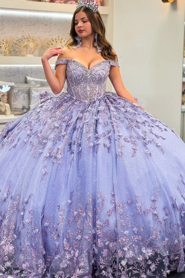 Off Shoulder Sleeveless Beaded Appliques 3D Flower Lilac Quinceanera Dress