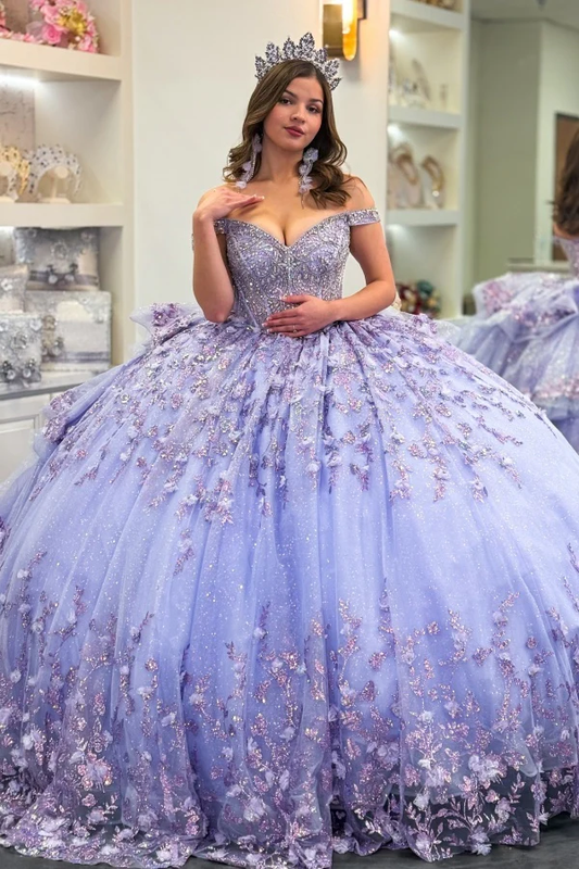 Off Shoulder Sleeveless Beaded Appliques 3D Flower Lilac Quinceanera Dress