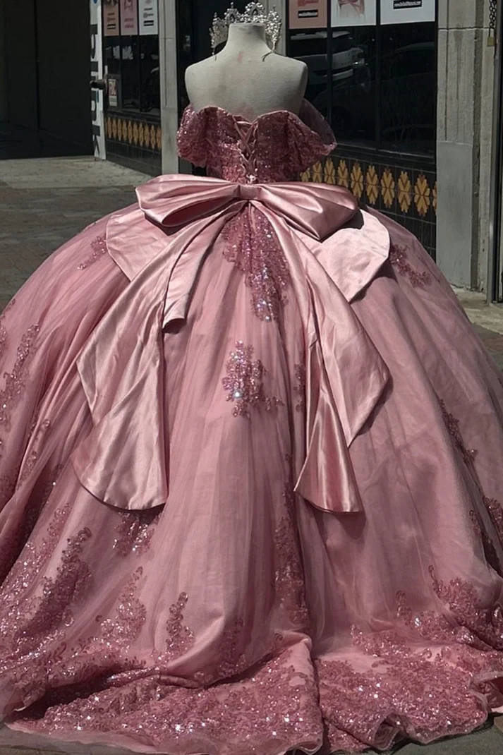 Off Shoulder Sleeveless Beaded Appliques Bow Knot Ruffles Pink Sweet 15 Quinceañera Dress