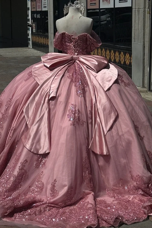 Off Shoulder Sleeveless Beaded Appliques Bow Knot Ruffles Pink Sweet 15 Quinceañera Dress