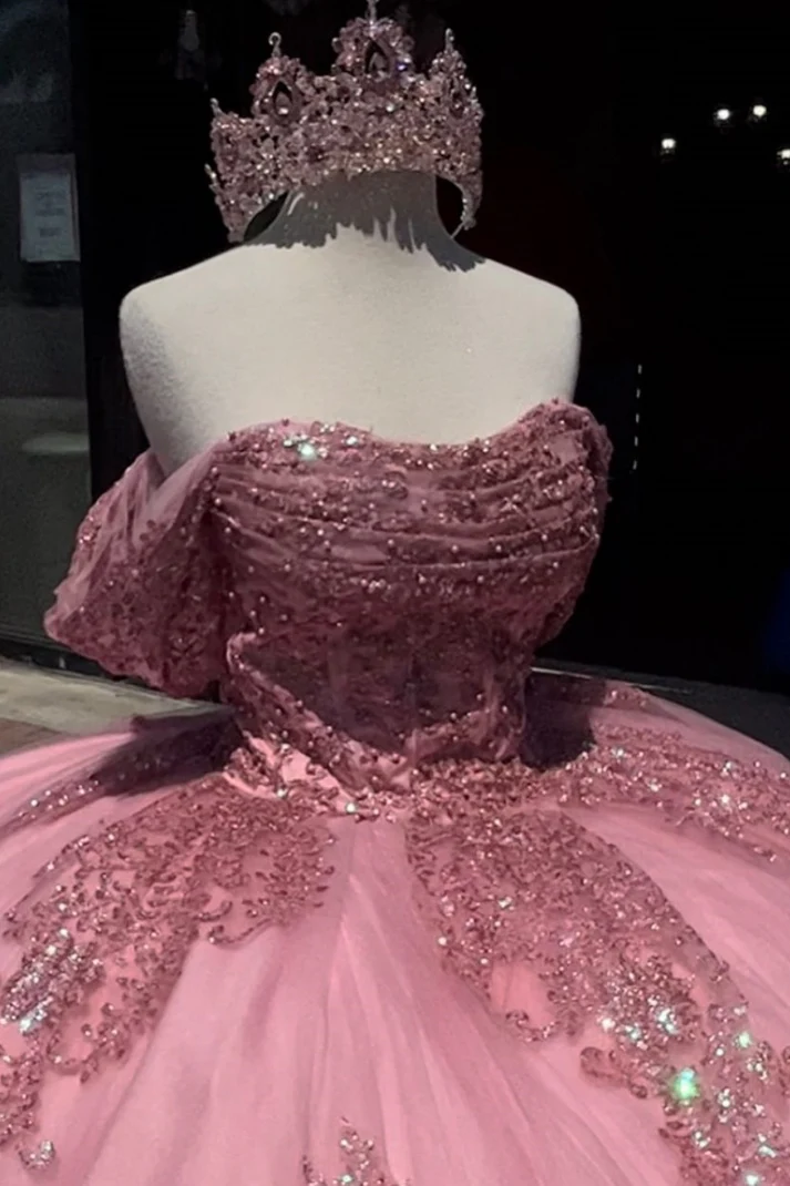 Off Shoulder Sleeveless Beaded Appliques Bow Knot Ruffles Pink Sweet 15 Quinceañera Dress