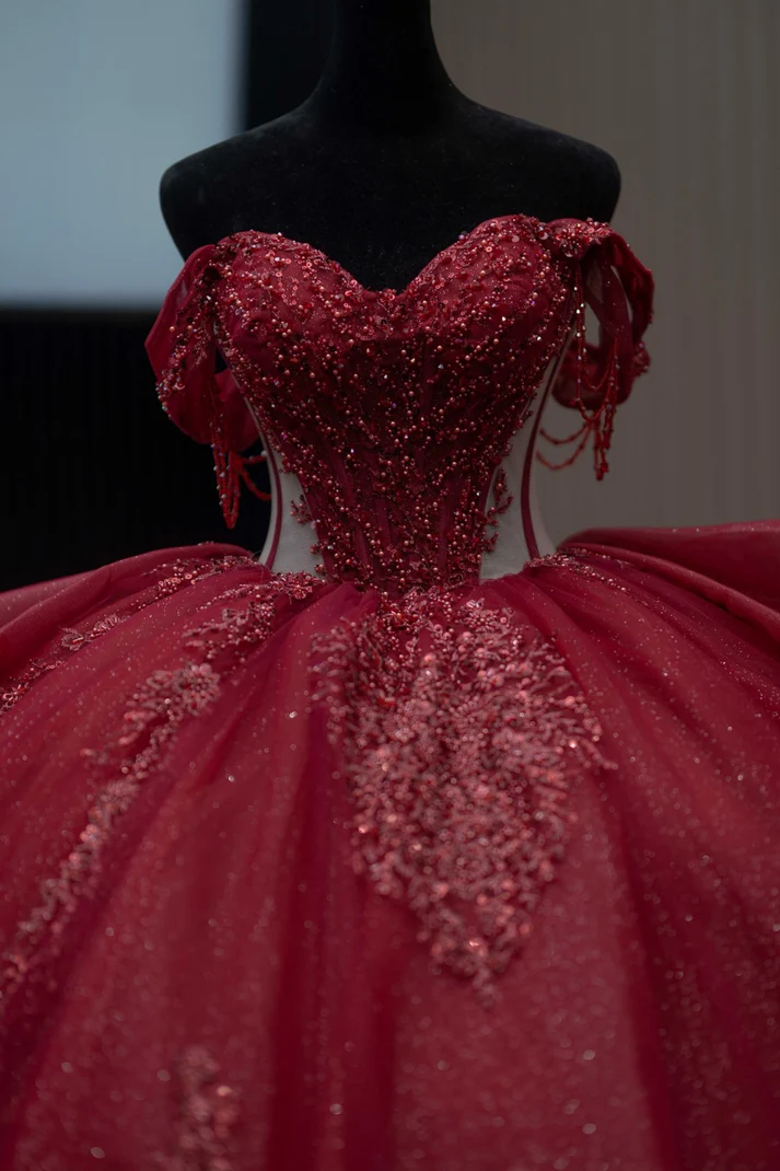 Off Shoulder Sleeveless Beaded Appliques Ruffles Burgundy Sweet 15 Quinceañera Dress