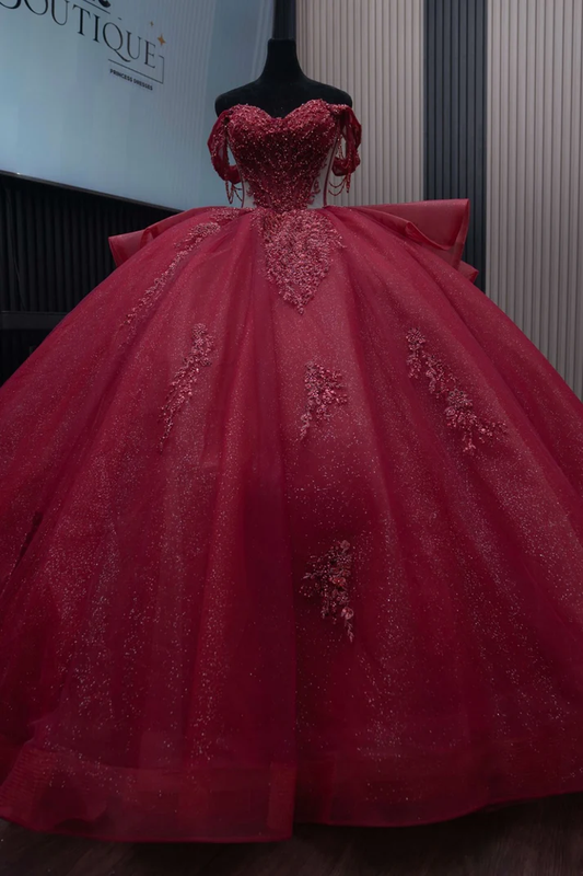 Off Shoulder Sleeveless Beaded Appliques Ruffles Burgundy Sweet 15 Quinceañera Dress