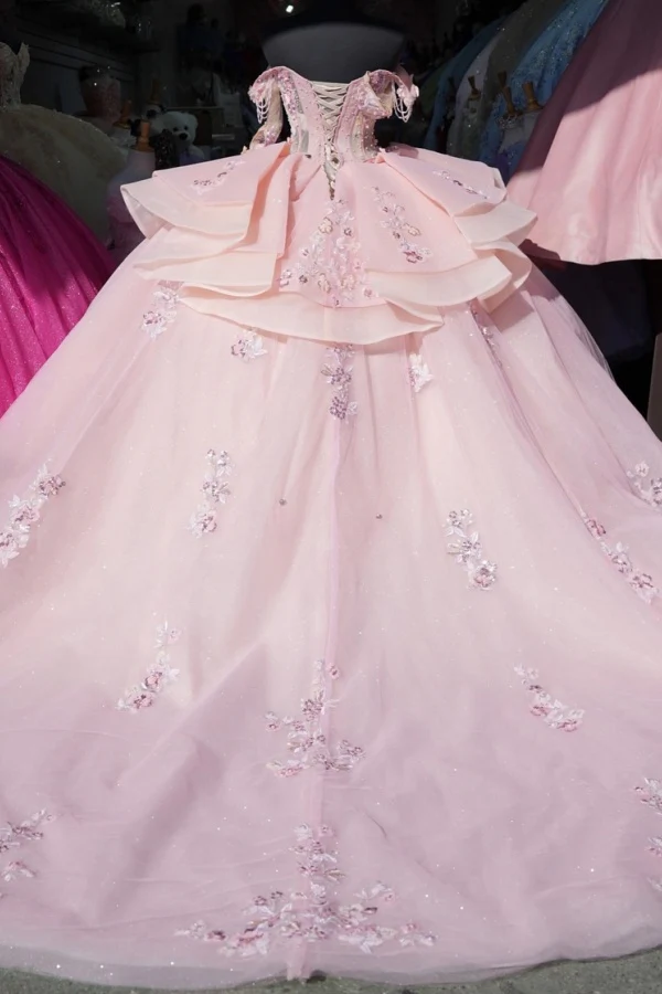 Off Shoulder Sleeveless Beaded Crystal Appliques Pink Sweet 15 Quinceanera Dress