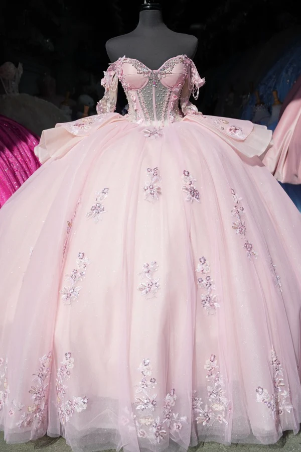 Off Shoulder Sleeveless Beaded Crystal Appliques Pink Sweet 15 Quinceanera Dress
