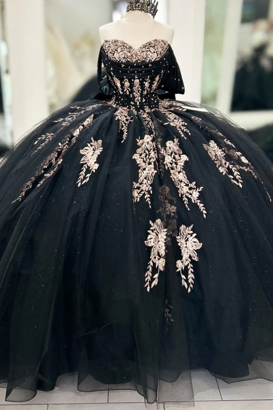 Off Shoulder Sleeveless Beaded Gold Appliques Bow Knot Balck Quinceanera Dress