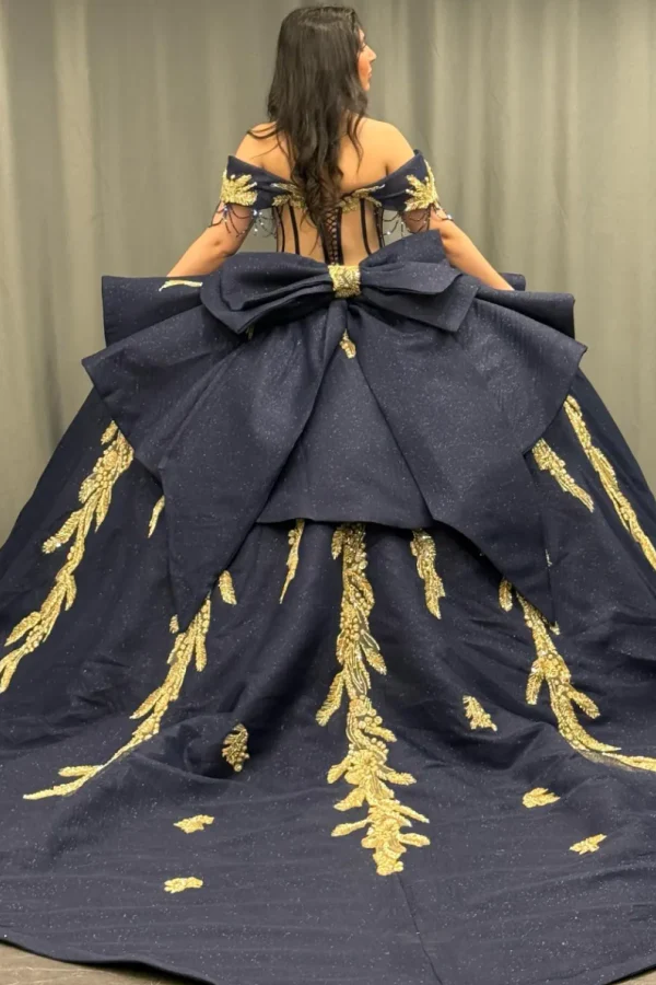 Off Shoulder Sleeveless Beaded Gold Appliques Bow Knot Dark Navy Quinceanera Dress