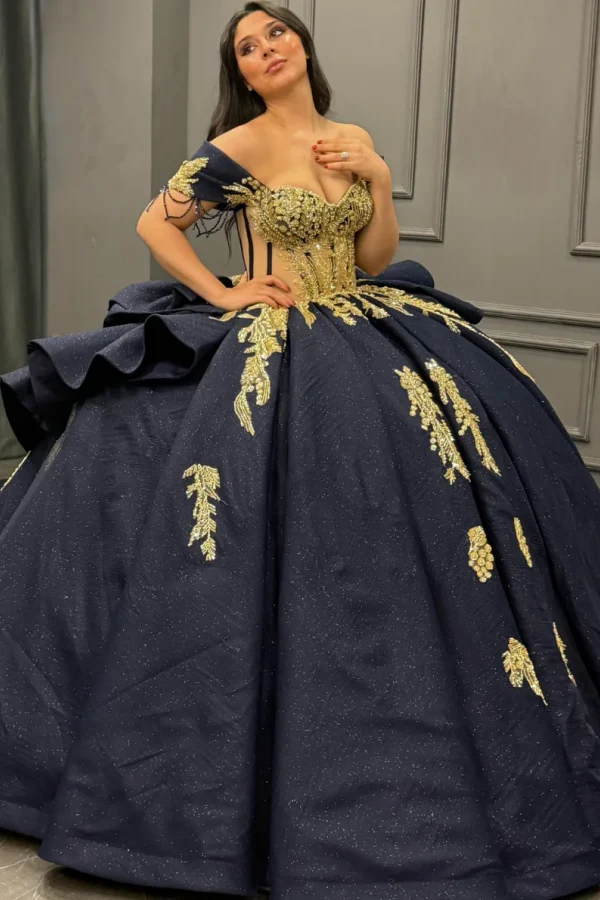 Off Shoulder Sleeveless Beaded Gold Appliques Bow Knot Dark Navy Quinceanera Dress