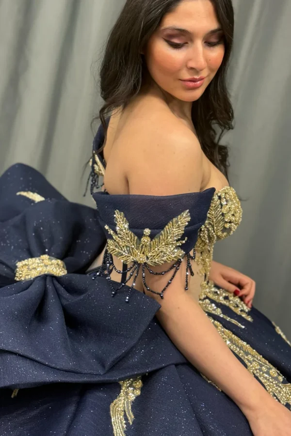 Off Shoulder Sleeveless Beaded Gold Appliques Bow Knot Dark Navy Quinceanera Dress