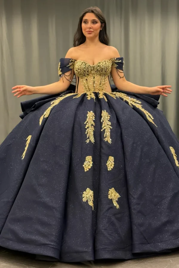 Off Shoulder Sleeveless Beaded Sliver Appliques Bow Knot Royal Blue Quinceañera Dress WQ1891