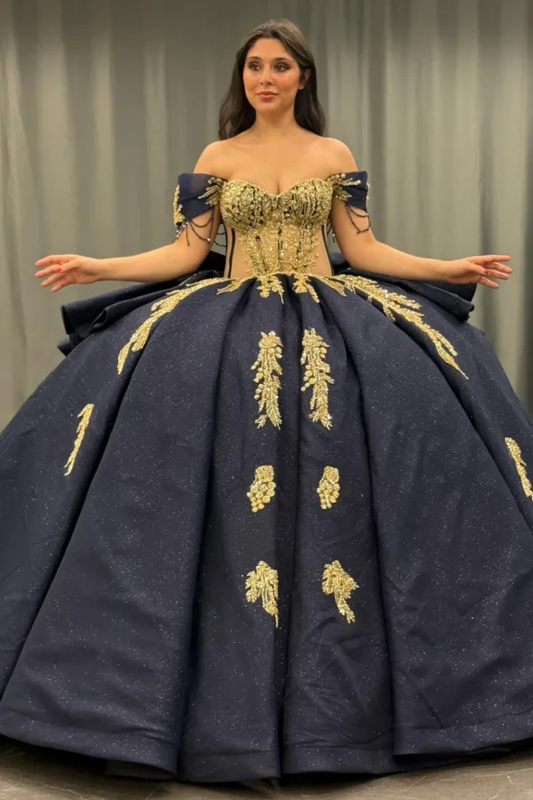 Off Shoulder Sleeveless Beaded Gold Appliques Bow Knot Dark Navy Quinceanera Dress