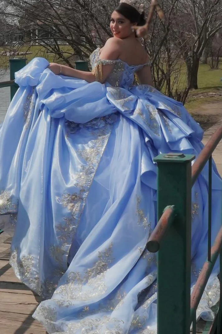 Off Shoulder Sleeveless Beaded Sequins Appliques Ruffles Bow Knot Sweet 15 Quinceañera Dress