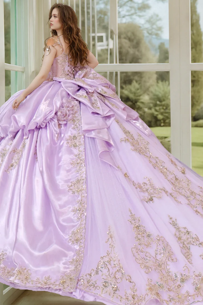 Off Shoulder Sleeveless Beaded Sequins Appliques Ruffles Bow Knot Sweet 15 Quinceañera Dress