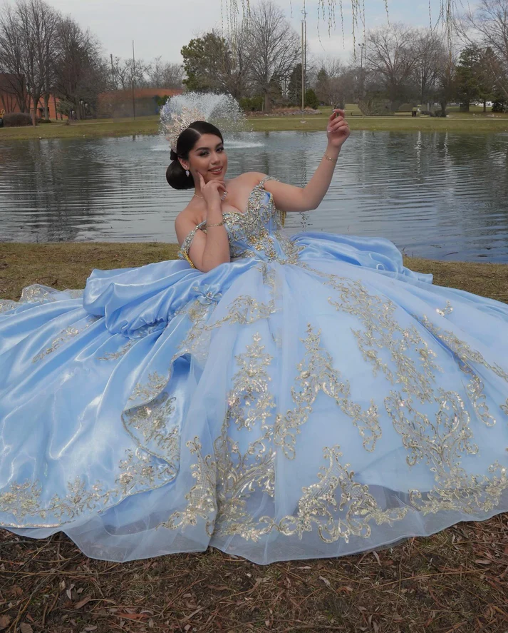 Off Shoulder Sleeveless Beaded Sequins Appliques Ruffles Bow Knot Sweet 15 Quinceañera Dress