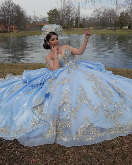 Off Shoulder Sleeveless Beaded Sequins Appliques Ruffles Bow Knot Sweet 15 Quinceañera Dress