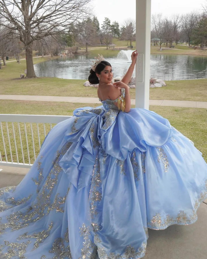 Off Shoulder Sleeveless Beaded Sequins Appliques Ruffles Bow Knot Sweet 15 Quinceañera Dress