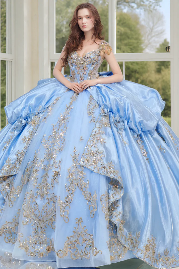 Off Shoulder Sleeveless Beaded Sequins Appliques Ruffles Bow Knot Sweet 15 Quinceañera Dress