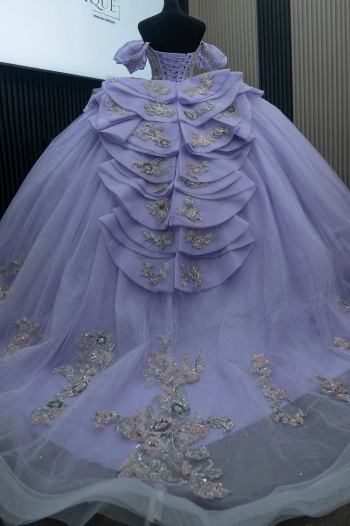 Off Shoulder Sleeveless Beaded Sequins Appliques Ruffles Lilac Sweet 15 Quinceañera Dress
