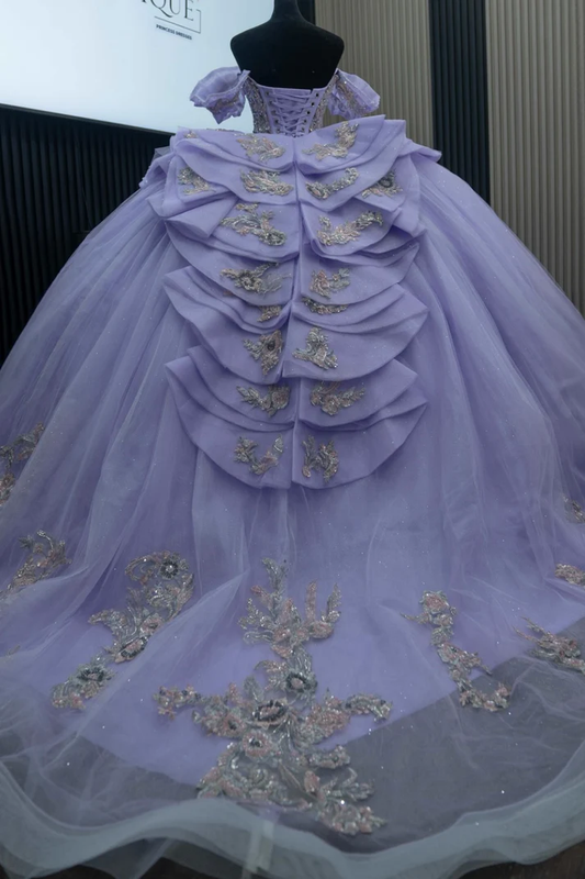 Off Shoulder Sleeveless Beaded Sequins Appliques Ruffles Lilac Sweet 15 Quinceañera Dress
