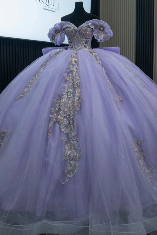 Off Shoulder Sleeveless Beaded Sequins Appliques Ruffles Lilac Sweet 15 Quinceañera Dress