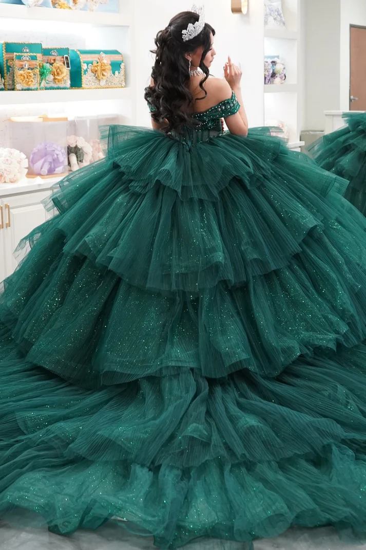 Off Shoulder Sleeveless Beaded Tiered Dark Green Sweet 15 Quinceañera Dress