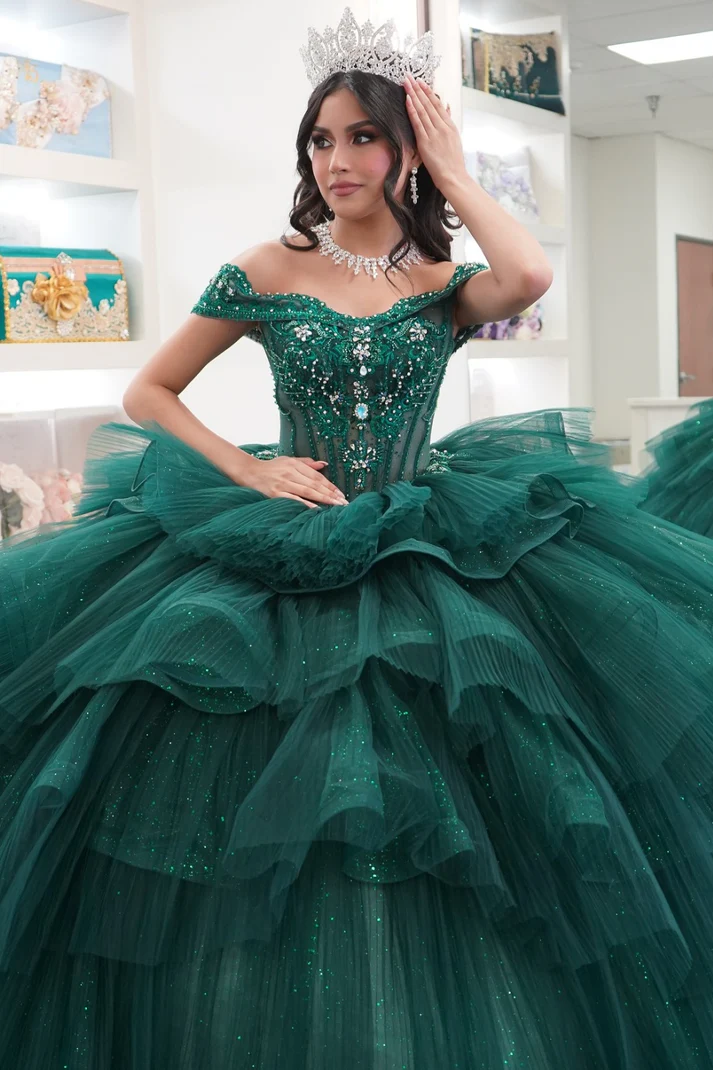 Off Shoulder Sleeveless Beaded Tiered Dark Green Sweet 15 Quinceañera Dress