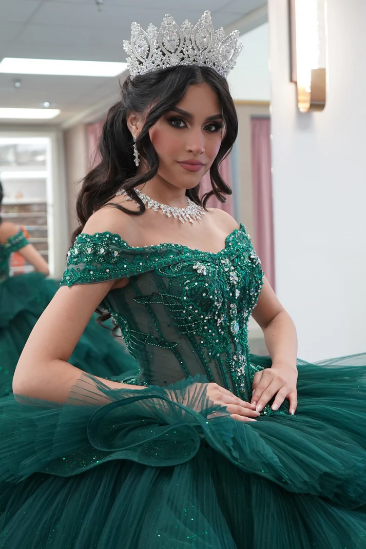 Off Shoulder Sleeveless Beaded Tiered Dark Green Sweet 15 Quinceañera Dress