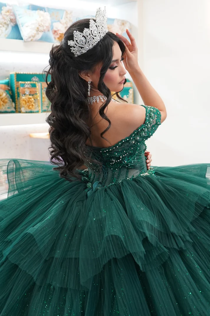 Off Shoulder Sleeveless Beaded Tiered Dark Green Sweet 15 Quinceañera Dress