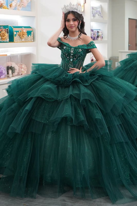 Off Shoulder Sleeveless Beaded Tiered Dark Green Sweet 15 Quinceañera Dress