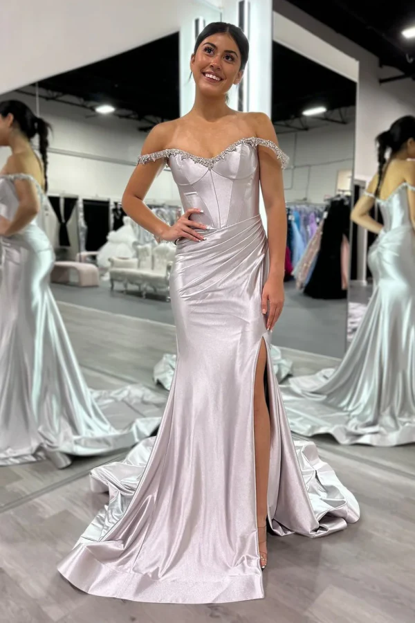 Off Shoulder Sleeveless Crystal BeadedSide Slit and Train Prom Party Dress