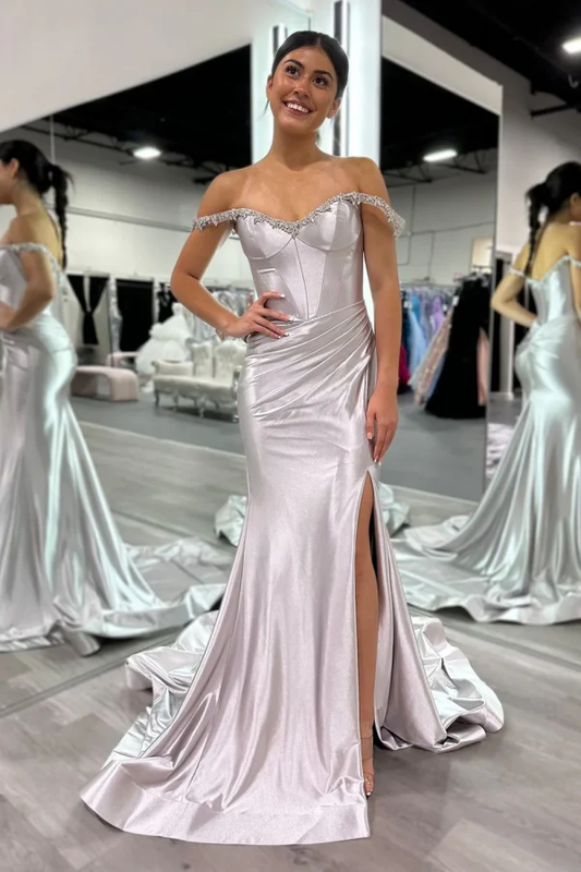 Off Shoulder Sleeveless Crystal BeadedSide Slit and Train Prom Party Dress
