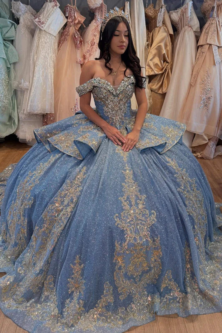Off Shoulder Sleeveless Crystal Sequins Silver Appliques Ruffles Bow Knot Blue Quinceañera Dress for Sweet 15