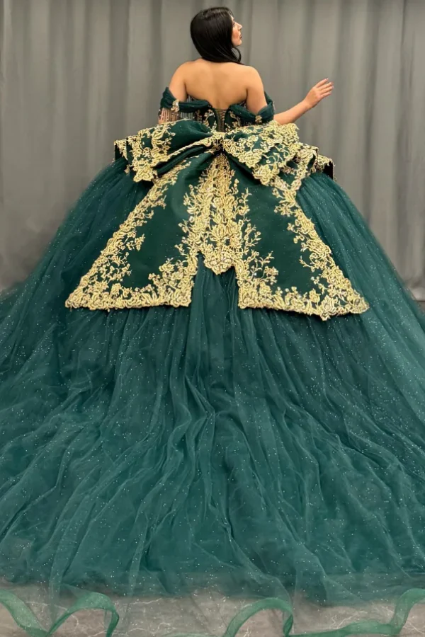Off Shoulder Sleeveless Gold Sequins Beaded Crystal Dark Green Quinceanera Dress