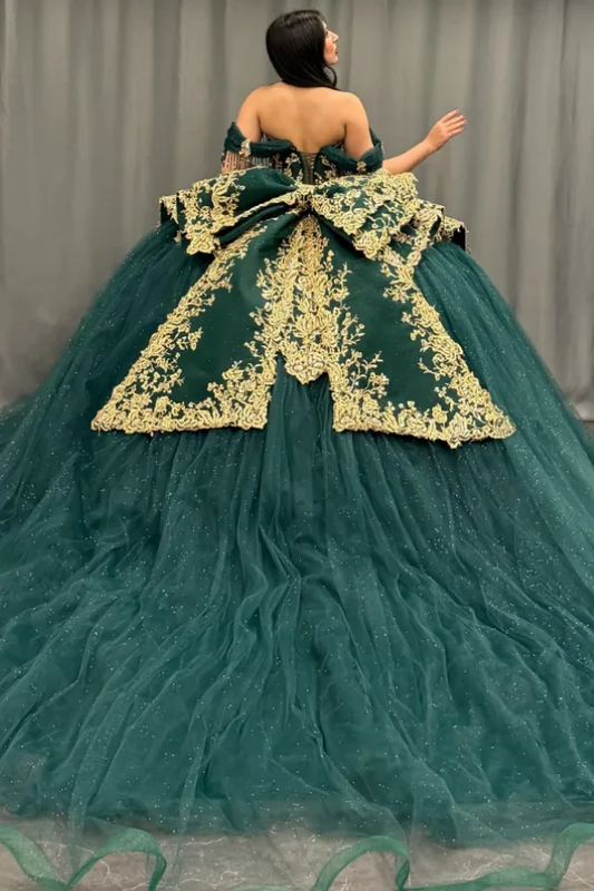 Off Shoulder Sleeveless Gold Sequins Beaded Crystal Dark Green Quinceanera Dress